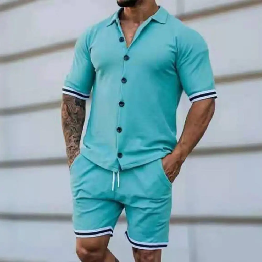 Conjunto de camiseta y pantalones con estampado a rayas para hombre, chándal de cuello vuelto, camiseta con cordón, pantalones ajustados, traje deportivo de dos piezas