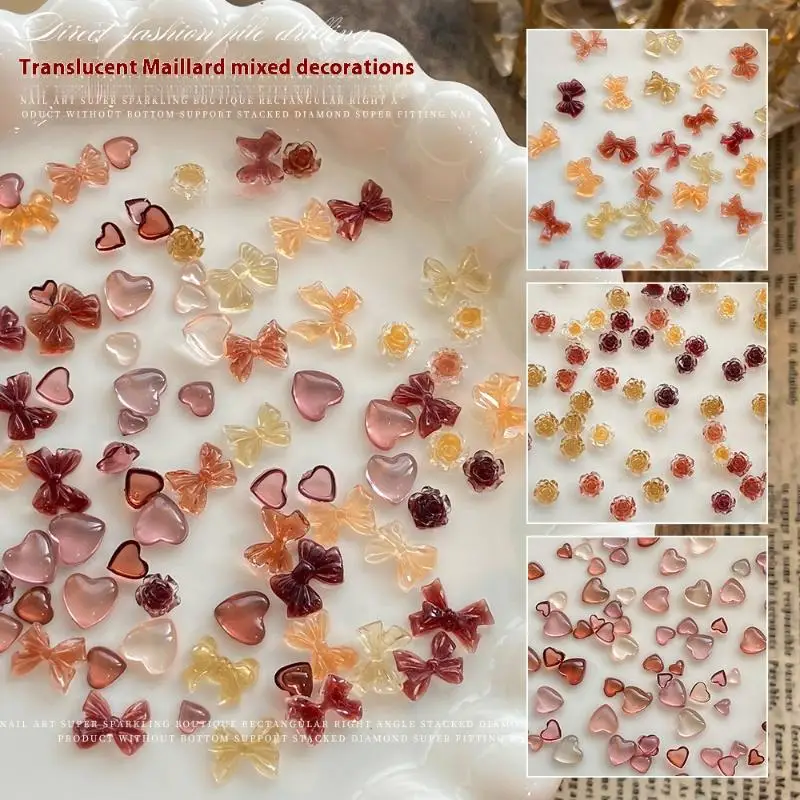 50Pcs Nail Charms Mixed Butterfly Bow Camellia Heart Nail Decoration Autumn Style For Manicure DIY Material Flower Part Supplies