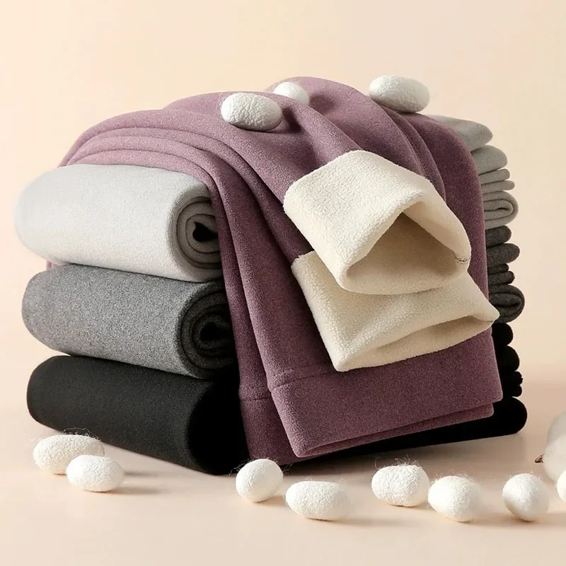 النساء زائد المخملية طماق الصلبة الأساسية مطاطا ضيق الصوف الدفء الدافئة الخريف السراويل عالية الخصر سميكة السراويل الحرارية #5