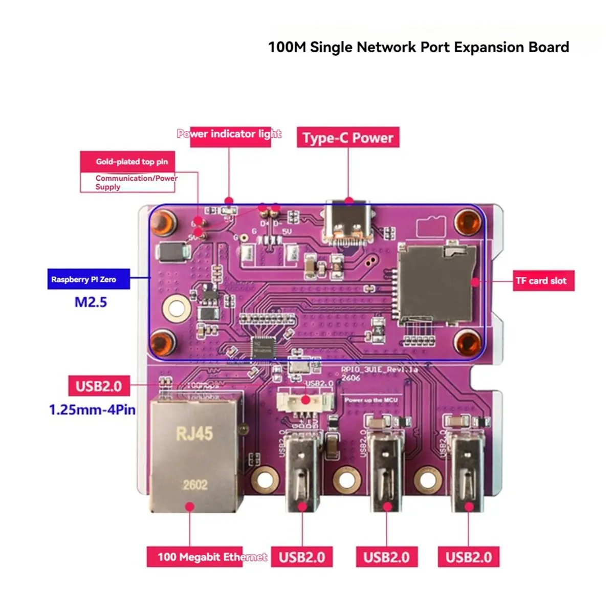 For Zero 100Mbps Ethernet Expansion Board with 3-Port USB 2.0 Hub+Type C Expansion Board