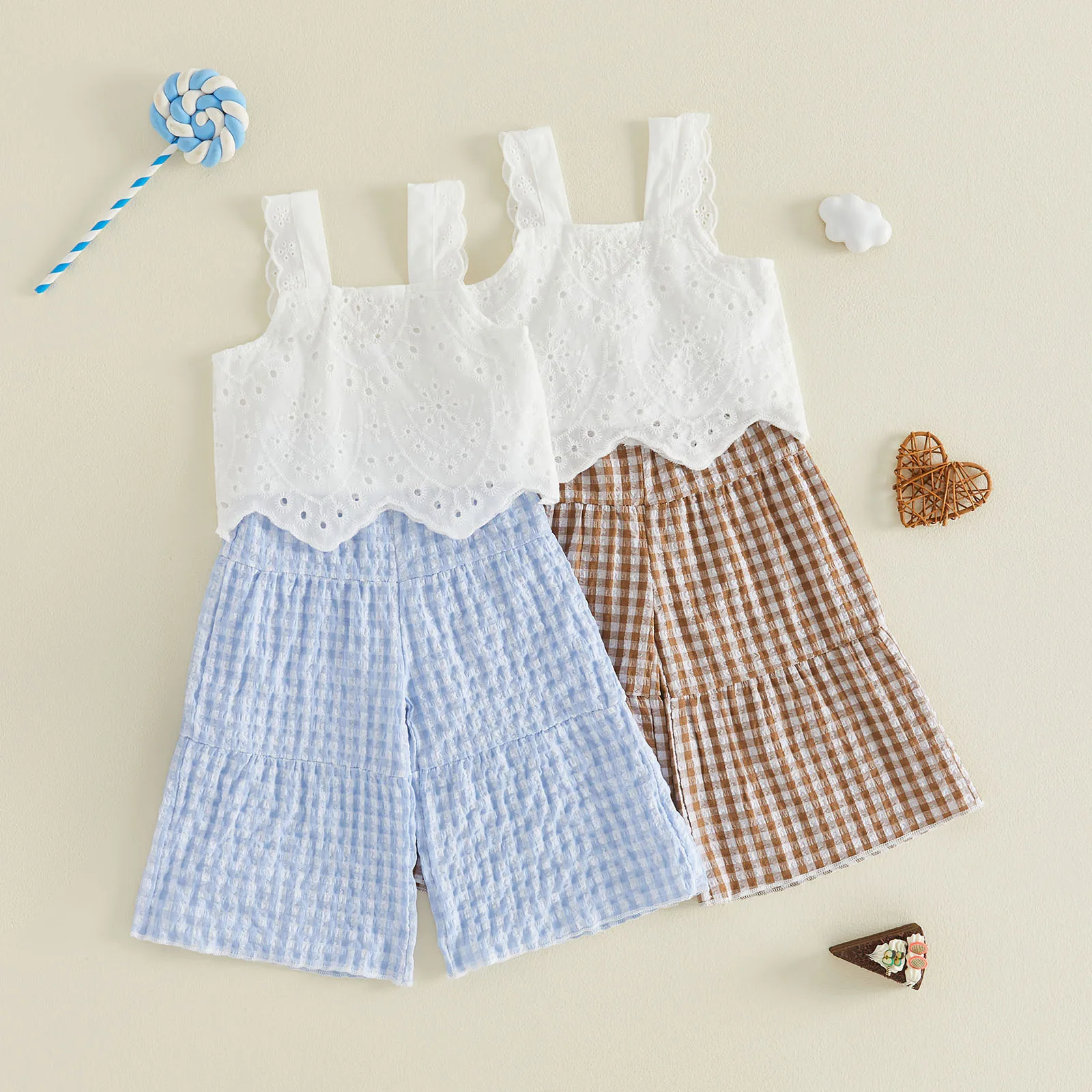 Toddler Baby Girls' 2Pcs Outfit White Eyelet Embroidery Lace Spaghetti-Strap Tank Tops Elastic Waist Wide Leg Plaid Trousers New