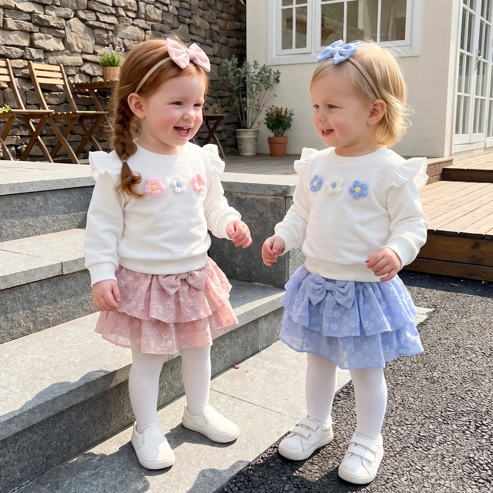 2027 Early Autumn Toddler Baby Girl Winter Fall Outfit Fashion Kids Flower Sweatshirt Layered Skirt &Headband Children's Sets