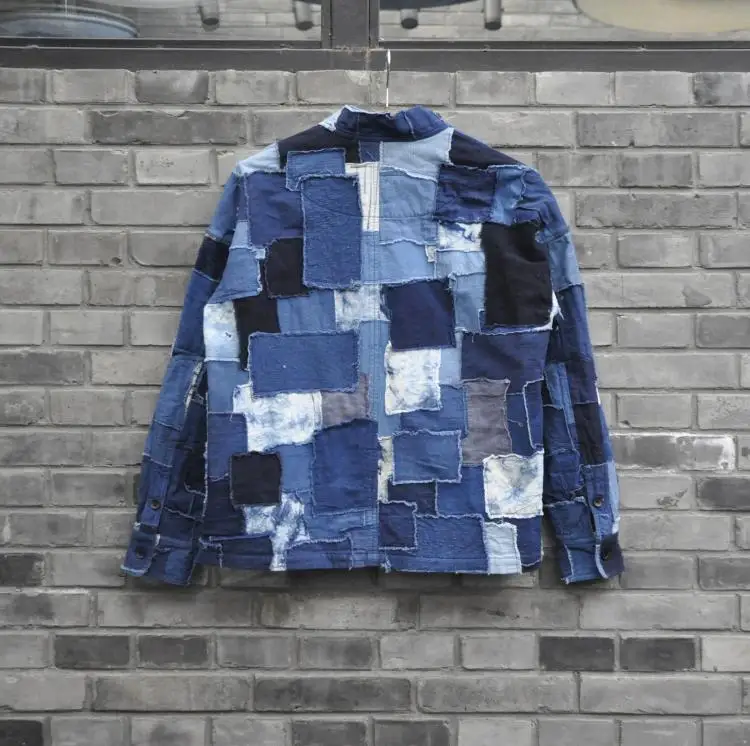 Traditional Handmade Blue Dyed Patchwork Japanese Robe Plant Indigo Persimmon Dyed Patchwork Vintage Trendy Men's Jacket Coat