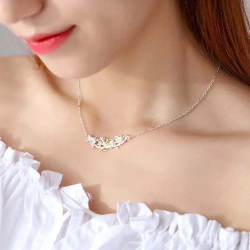 Cute Literary Bird Branch Korea Handmade 925 Sterling Silver Clavicle Chain Temperament Trendy Female Necklace NE186