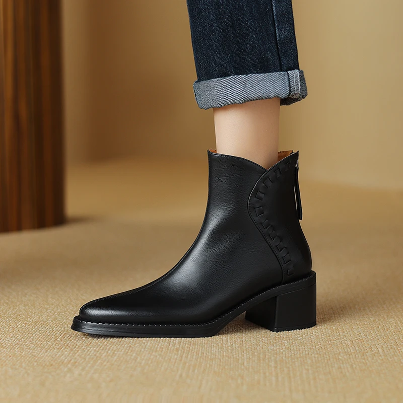 2024 New Women Ankle Boots Autumn Winter Thick High Heels Pointed Toe Mature Office Lady Side Zipper Shoes Woman Retro Style