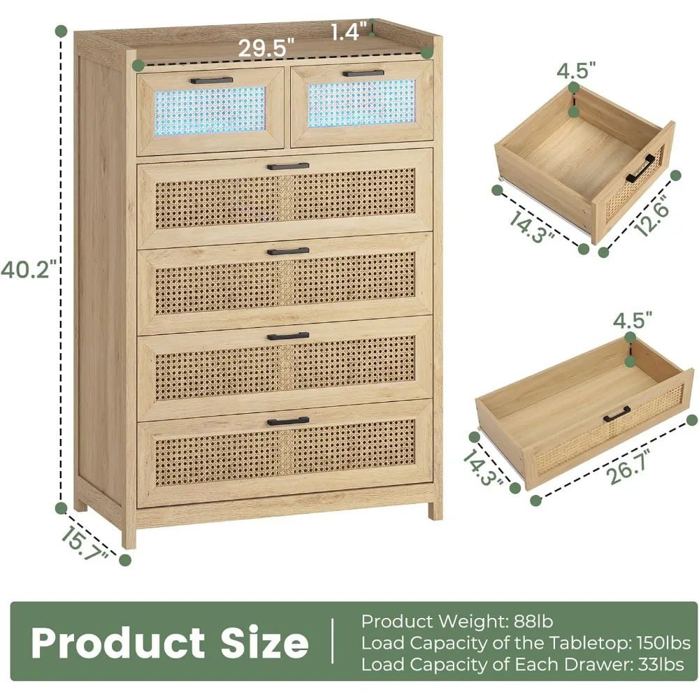 6 Drawer Dresser for Bedroom, Natural Rattan Wood Dressers with Led Light, Tall Dressers & Chests of Drawers, Bedroom Dresser