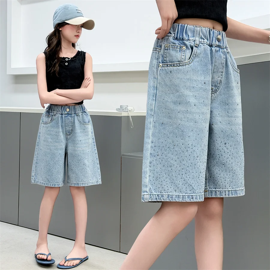 Kids Child Summer y2k Knee Length Crystal Denim Shorts with Rhinestones Girl Harajuku Vintage Pocket Capris Shorts Hip Hop Jeans
