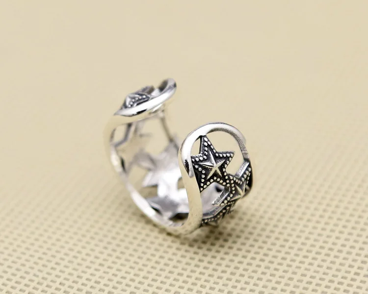 Personalized, creative, fashionable, trendy, hollowed out pentagonal star ring for women, open pure silver, punk style, live mou