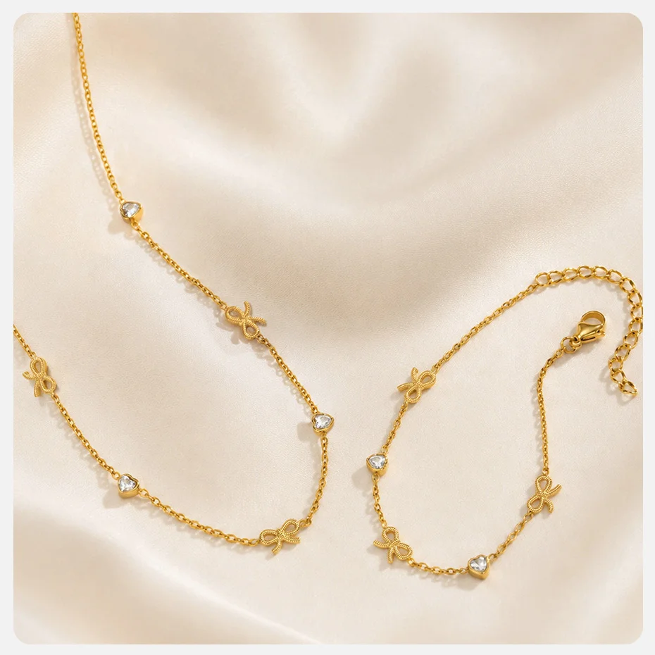Vnox Vergoldetes Schleifenknoten-Herz Charm-Armband für Frauen, Trendige AAA Zirkonia Schleifenknoten-Halskette Ästhetischer Schmuck Wasserfest – Detail 5