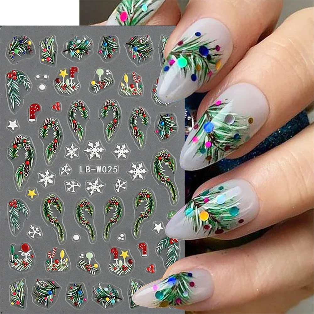 Embossed Christmas Nail Stickers Green Leaf Branch Snowflake Elks Nail Sliders Winter New Year Decors Manicure Decals GLLB-W025