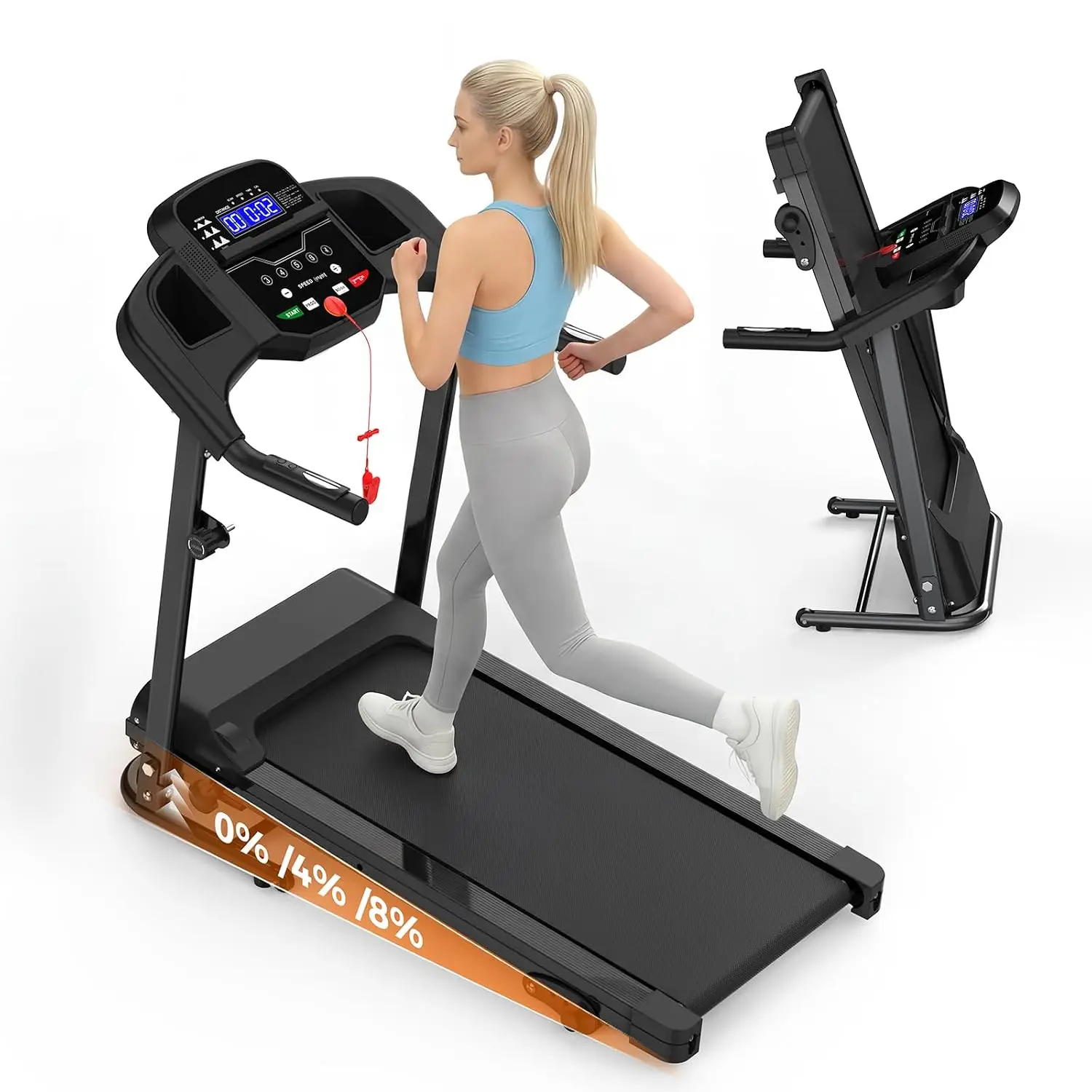 2.5HP Folding Treadmill Home, 0.5-7.5 MPH 8% Incline, Compact LED Display, 300 LBS, Cup Holder & Safety Key, Customized
