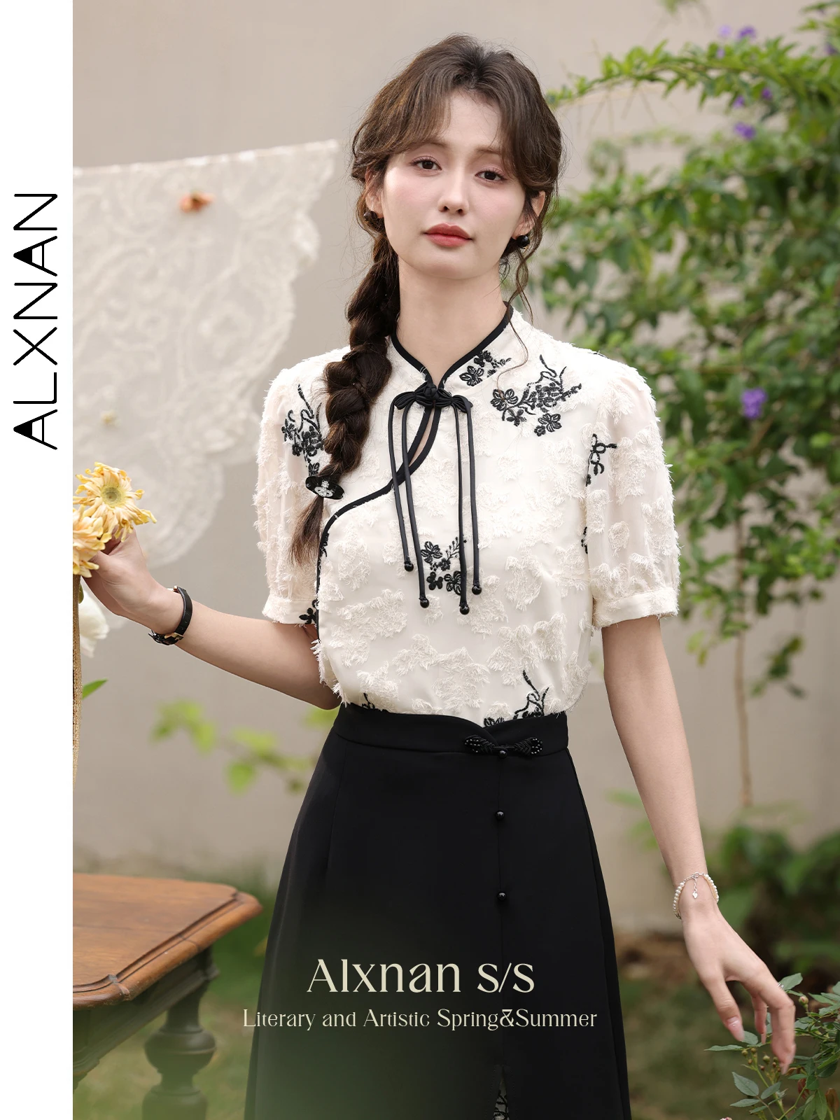 ALXNAN Summer Blouses Women 2024 Chinese Style Contrast Embroidery Short Sleeve Womens Tops and Blouses Female Clothing L33930