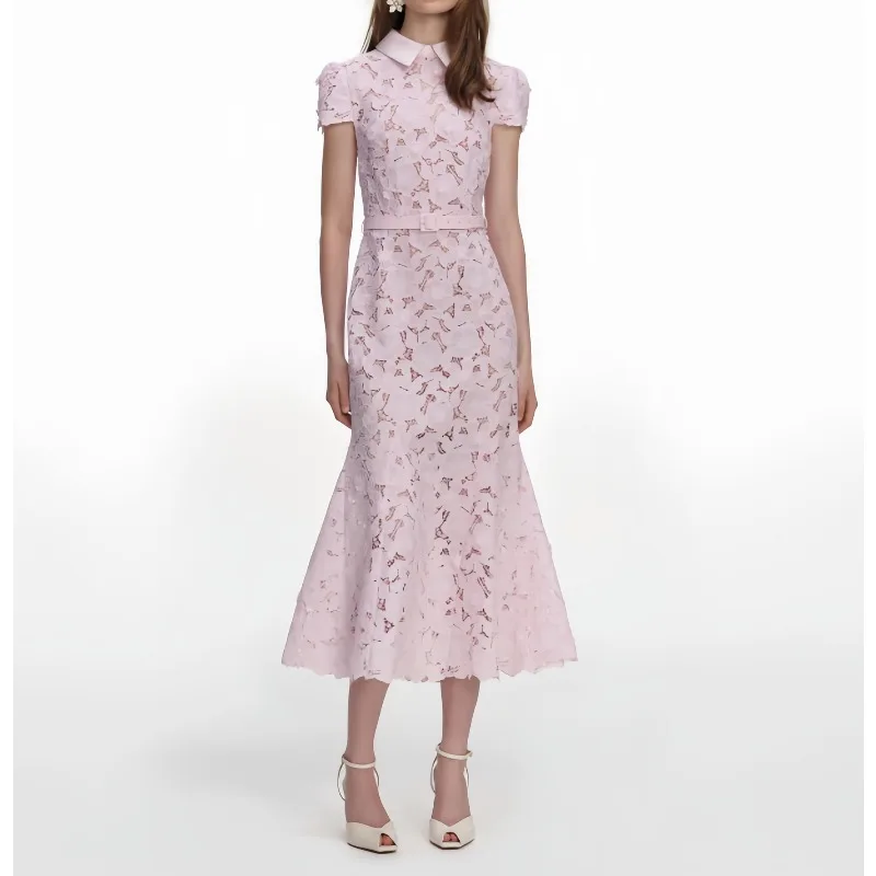 Pink Blue Hollow Flower Lace Splicing Shirt Collar Fishtail Dress Spring and Autumn High Quality and High Appearance Level Skirt