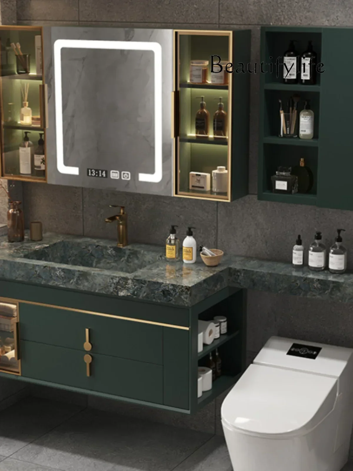 N Mueble de baño de pizarra, combinación de lavabo de baño de lujo ligero, mueble con espejo inteligente de roble simple, verde oscuro