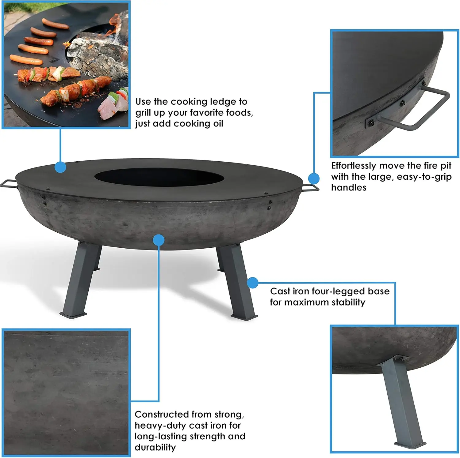 40-Inch Cast Iron Fire Pit Bowl with Cooking Ledge - Wood Burning