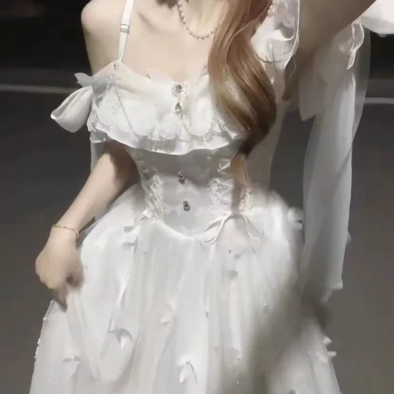 Bow Y2K Dresses Women Lolita Butterfly Puffy Dress Spring Summer Pleats Folds White Moonlight A-line Fairy Shoulder Long Dress