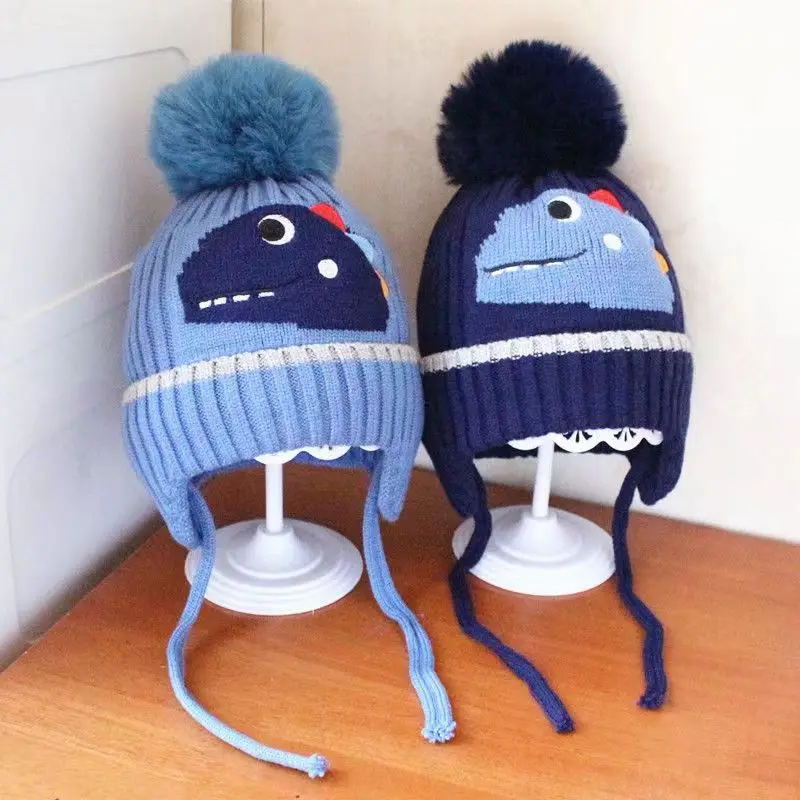 Winter Children\'s Thickened Knitted Hats For Boy Girl Cotton Warm Hat Cartoon Dinosaur Kids Toddler Ear Protection Beanies Cap