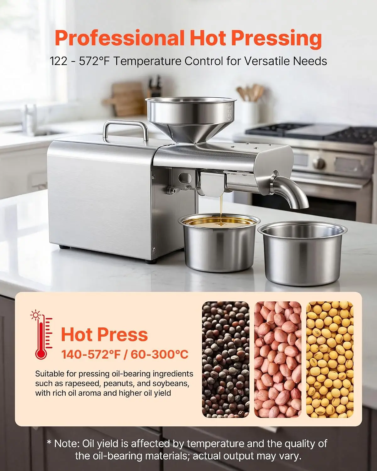 Oil Press Machine, 8.27 LBS/H Capacity, Oil Extractor Machine, Automatic Electric Oil Maker for Home Commercial Use, 122℉–572℉ H