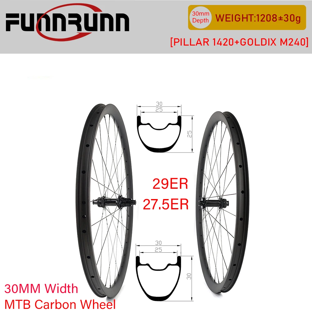 

30mm Width 29/27.5ER MTB Bike Carbon Disc Wheelset Hookless Tubeless 25/30mm Depth Bicycle Wheels GOLDIX M240 28Hole Pillar1420