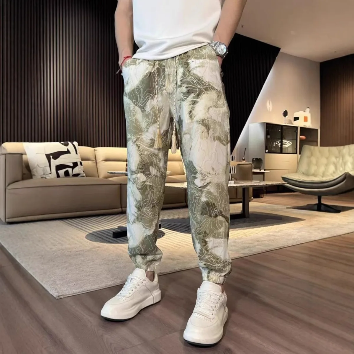 

Классические универсальные мужские прямые повседневные брюки, модные дышащие спортивные брюки с карманами и шнурком Guofeng с принтом