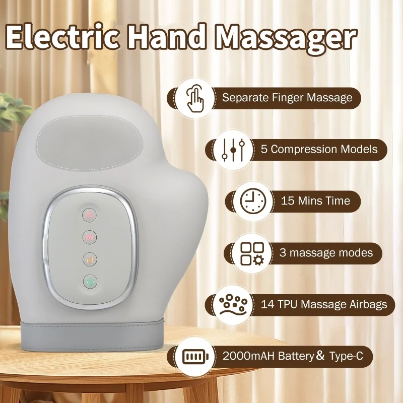 

5-уровневый электрический массажер для рук, трехскоростной горячий интеллектуальный беспроводной массажер для перчаток для снятия усталости пальцев и ладони