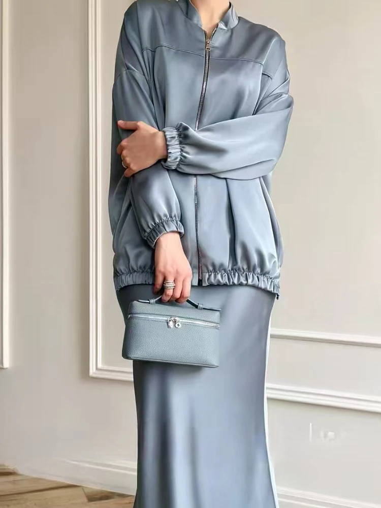 우아한 여성용 솔리드 슬림 투피스 세트 패션 하이웨이스트 스커트 세트 캐주얼 스탠드 칼라 긴팔 지퍼 코트&하프 스커트 세트