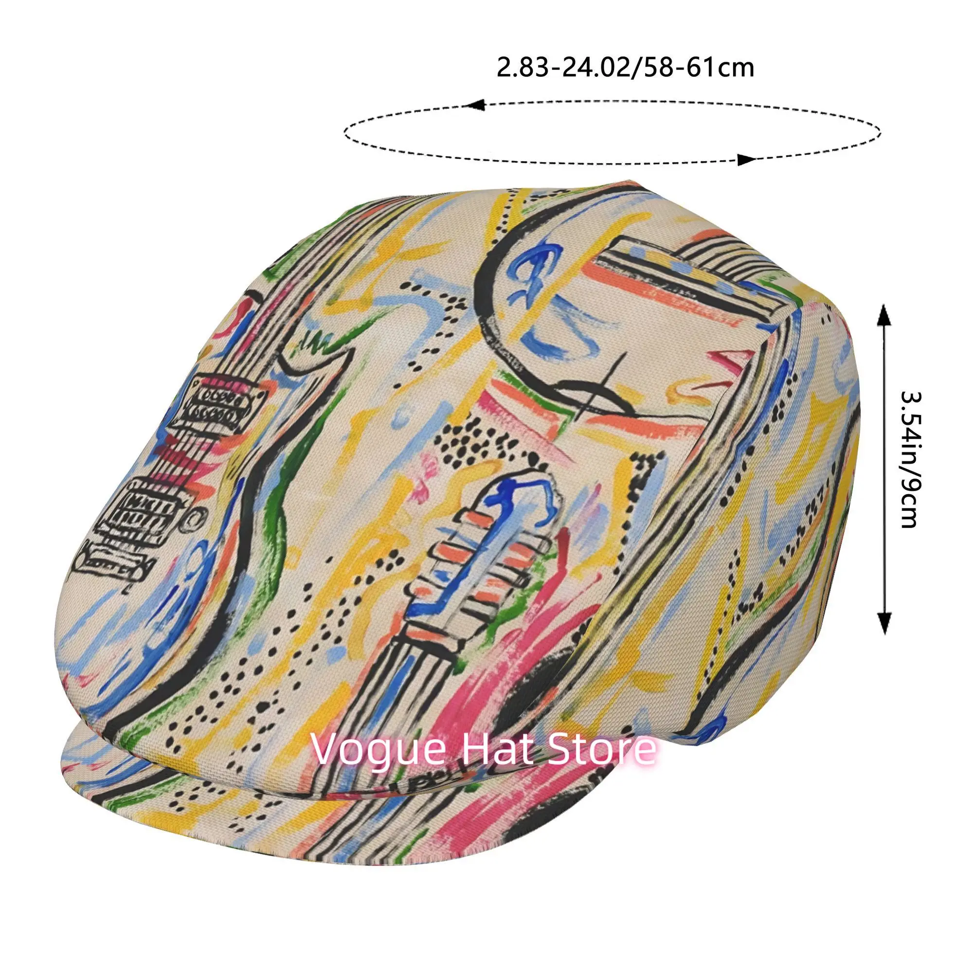 2D Flat, 1pc Guitar Rhapsody Art All-over printed beret,  newsboy cap, unisex, a must-have fashion accessory for outdoor leisure