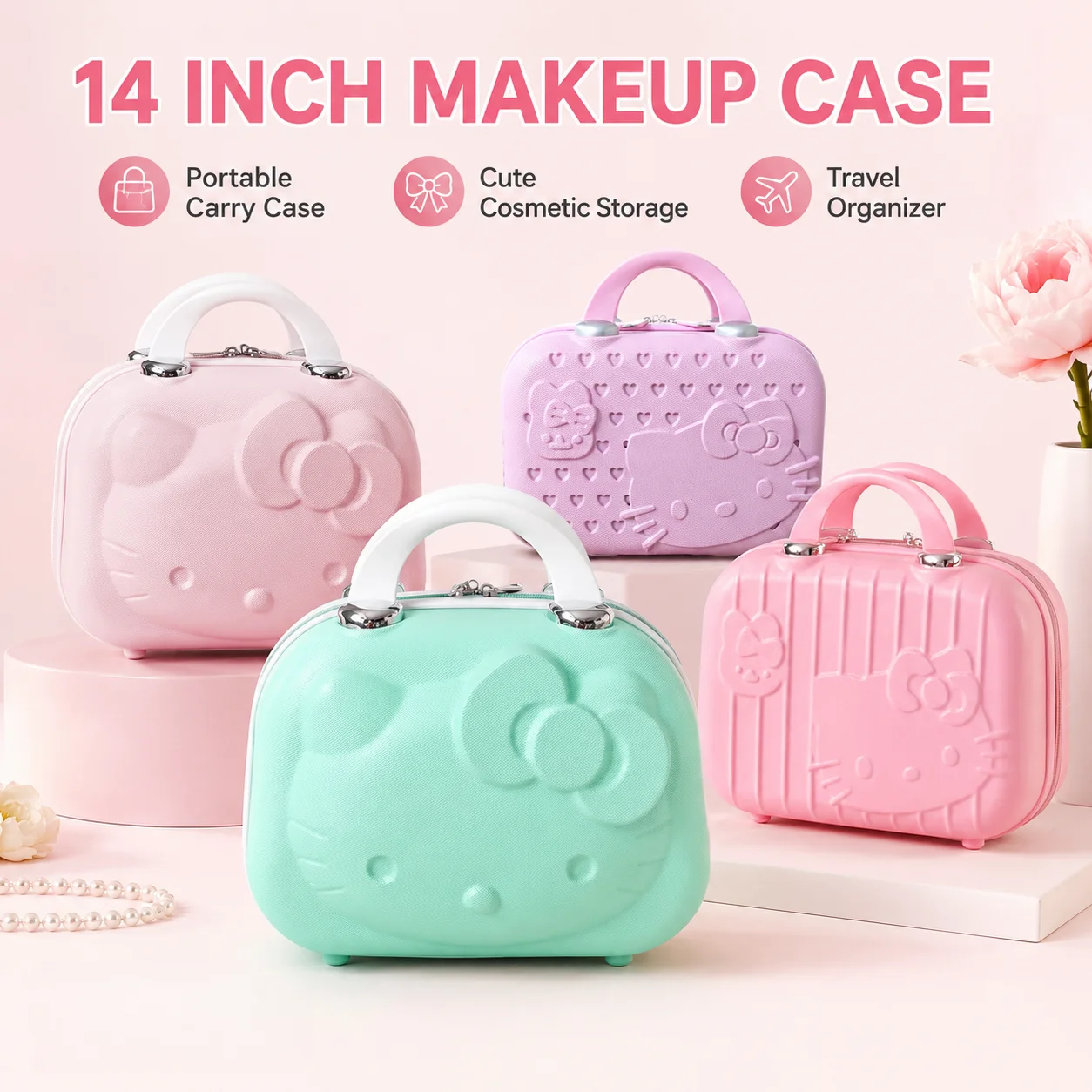 

Sanrio Hello Kitty 14Inch Portable Hard Shell Makeup Case Handheld Travel Skincare Storage Box Trip Cosmetic Carry Case Storage