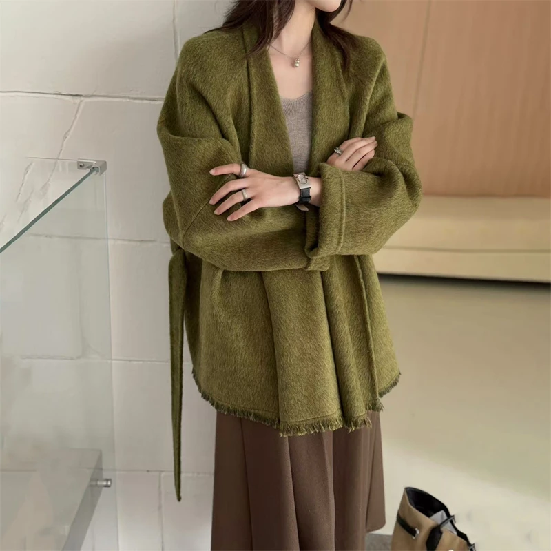 2026 European Women V‑Neck Wool Blend Coat,Belted Wrap Style,Tassel Edge Loose Casual Warm Outerwear Fall Winter Ladies Overcoat