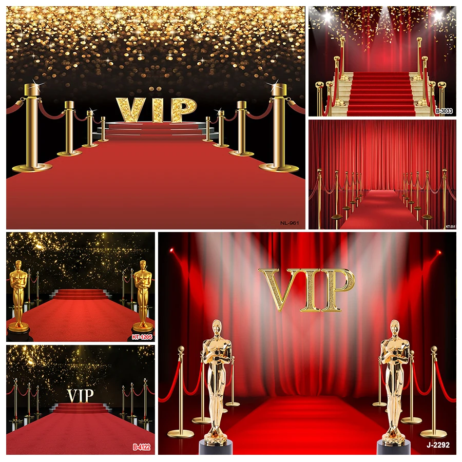 

VIP Red Carpet Curtain Photography Backdrop Glittering with Brilliant Stars Red Gold Stage Backdrops for Studio Props Graduation