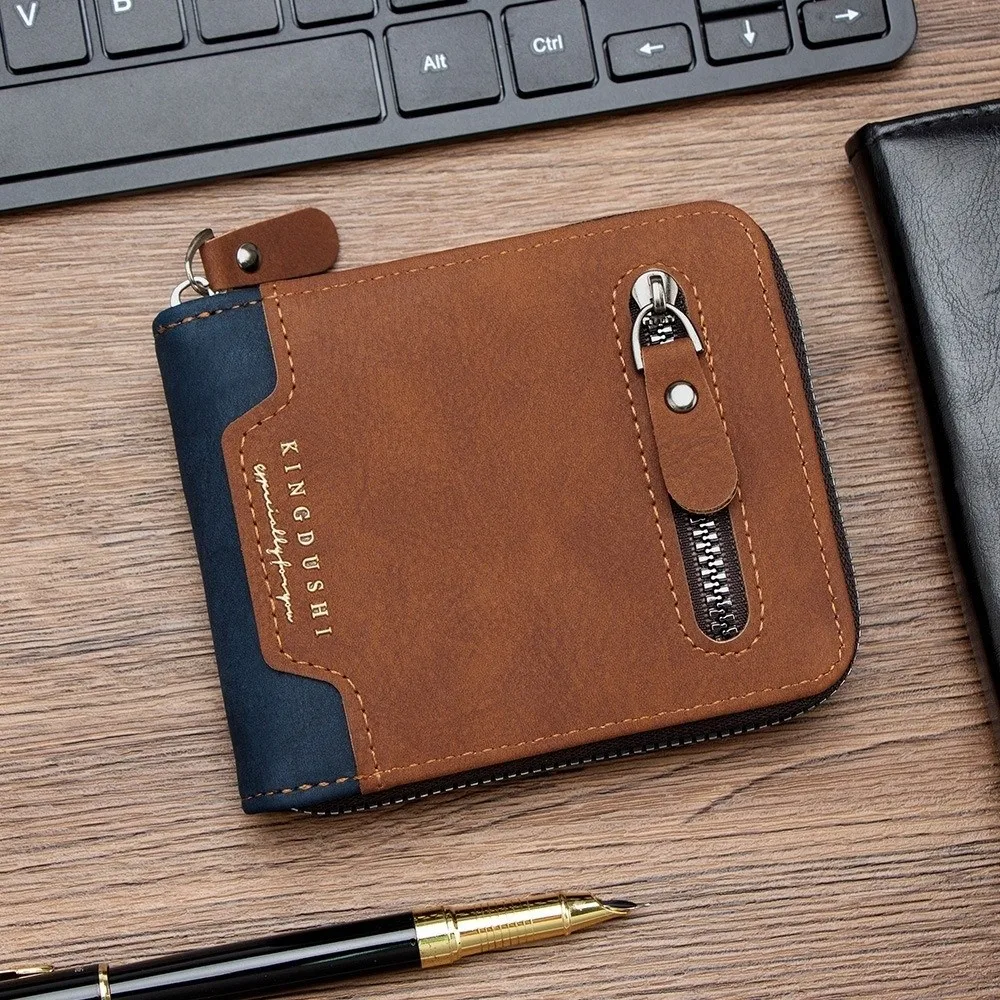 Durable Multi-position Men's Short Wallet Large Capacity Zipper PU Leather Coin Purse Thin Multi-function Card Holder Gift