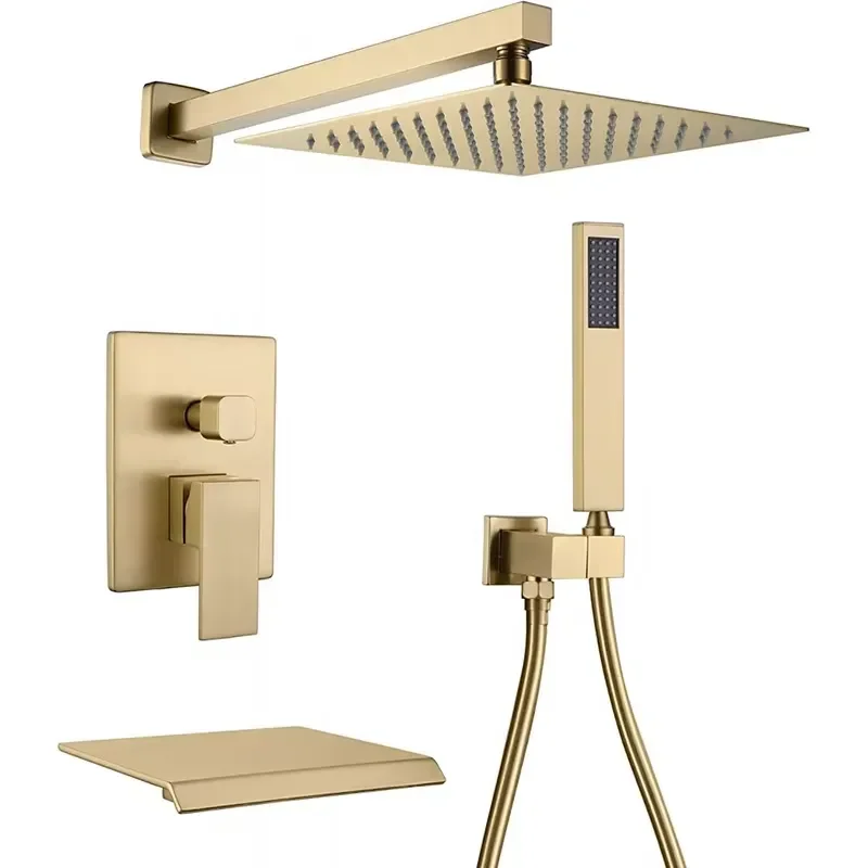 10 Inch Modern Gold Bathroom Hidden Wall Suspension Shower with Flat Mouth Out of Water Outlet and Handheld Shower Set