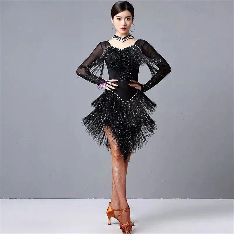 2021 New Sexy Latin dance dress women mesh sequin fringe competition Tango samba Umba salsa Latin dress