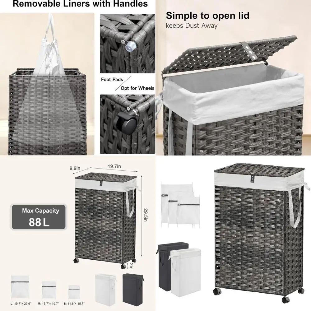 

Rolling 23.3 Gallon Laundry Hamper with Lid, Tall Narrow Basket on Wheels, 2 Removable Liners & 3 Mesh Bags, Grey Laundry Sorter