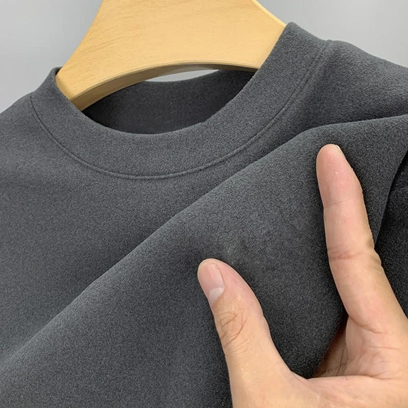 Men Double-sided Velvet Base Shirt Thin Casual Solid Color Warm Tops Round Neck Pullover Loose Inner Layer Comfort Sweatshirts