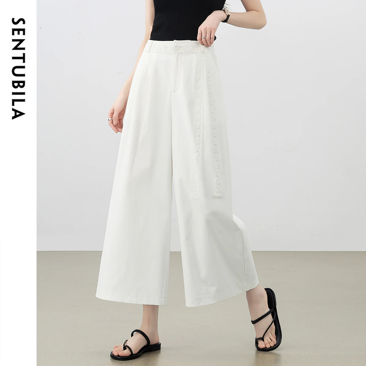 

SENTUBILA Office Lady Pants Skirts For Women 2025 Fashion Wide Leg Pants Elastic High Waist Simple Lace Wrap Trousers 152K55877