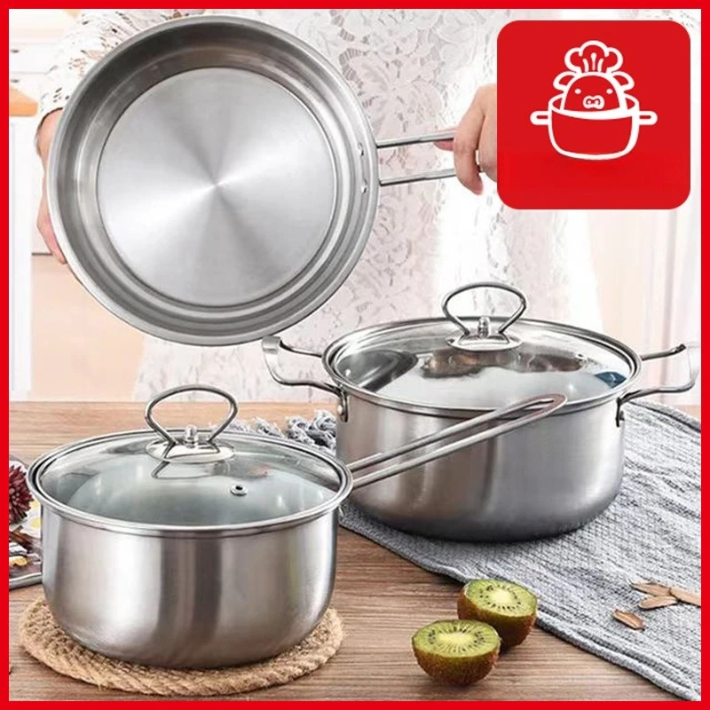 3-Piece Stainless Steel Cookware Set Korean-Style Soup Pot Milk Pan Rust-Proof Durable Kitchenware Easy-Clean Surface Gift Combo
