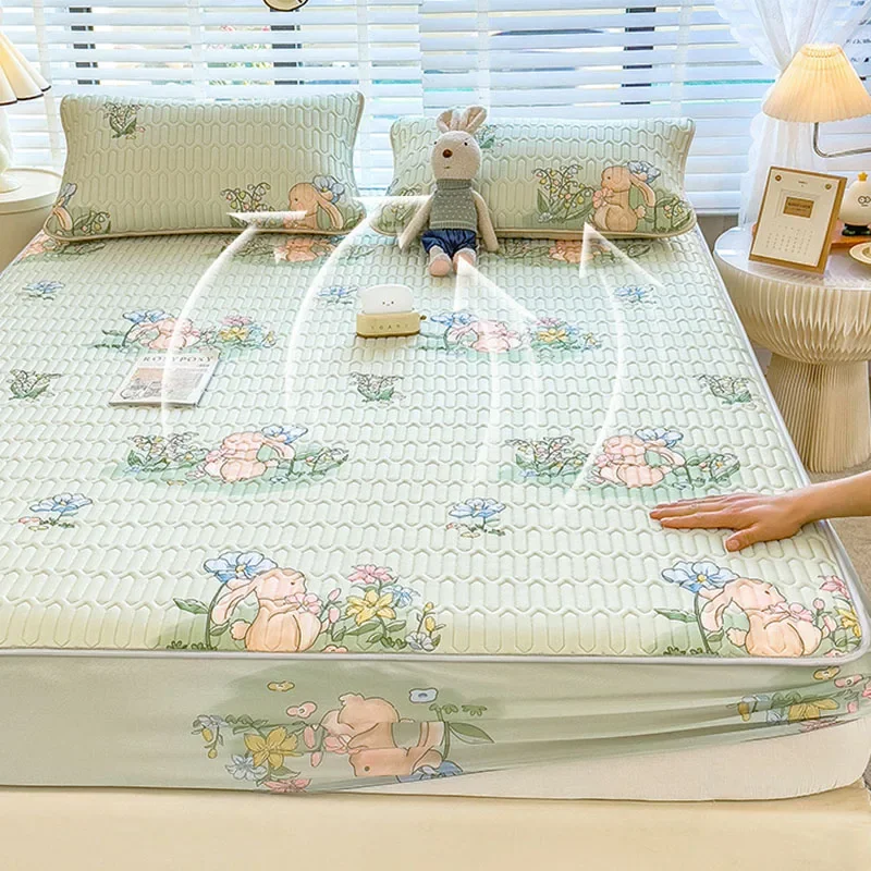 3Pcs Summer Natural Latex Cooling Mat Set Cartoon Printed Fitted Sheet with Pillowcase Soft Non-Slip Bedding with Elastic Band