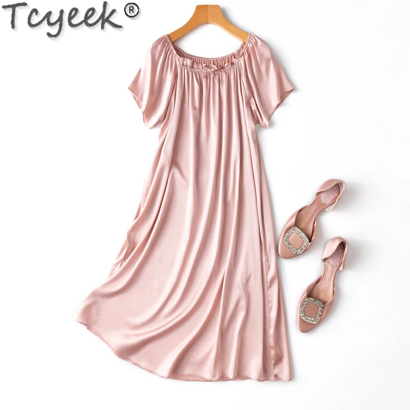 

Tcyeek 93% Mulberry Silk Nightgrowns Summer Short Sleeve Dress for Ladies Night Dress 19MM Real Silk Sleepwear Women Clothes