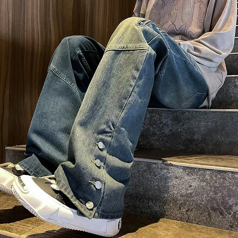 

High Street Washed Jeans Men's Hip-hop Streetwear Straight Leg Denim Jean Trendy Solid Color Trousers Harajuku Male Bottoms