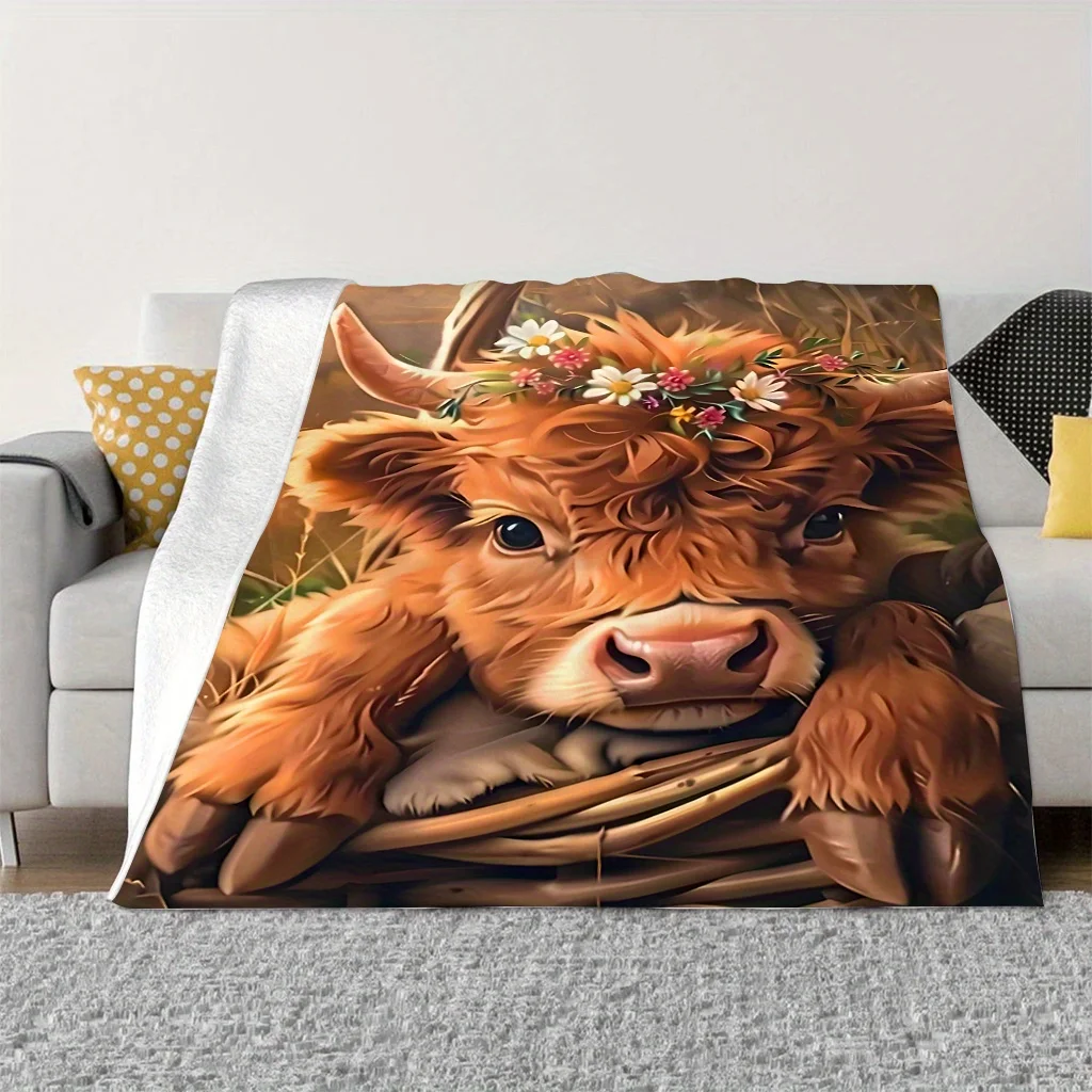 Warm Modern Cute Highland Cow Print Flannel Blanket, Room Decor, Sofa, Travel And Nap