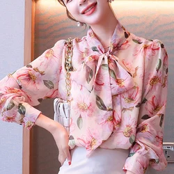 Autumn Aesthetic Elegant Fashion Commuter Prairie Chic Shirt Women Three Quarter Sleeve V Neck Drawstring Loose Casual Print Top