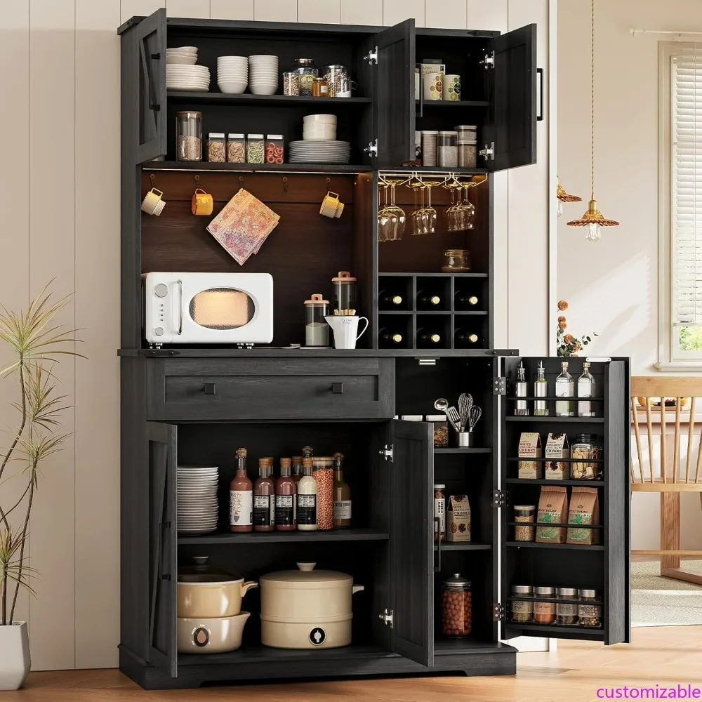 

Farmhouse Style Kitchen Pantry Cabinet with LED Lighting and Outlet, Featuring Microwave Stand Storage