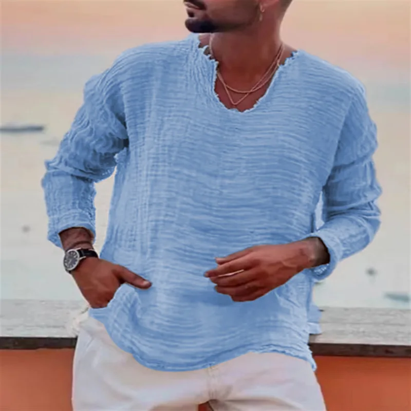 Summer Beach Handsome Men Casual Shirts Retro V-neck Long Sleeve Shirt Tops Burr Edge Pleated Loose Thin Pullover Trend Male Top