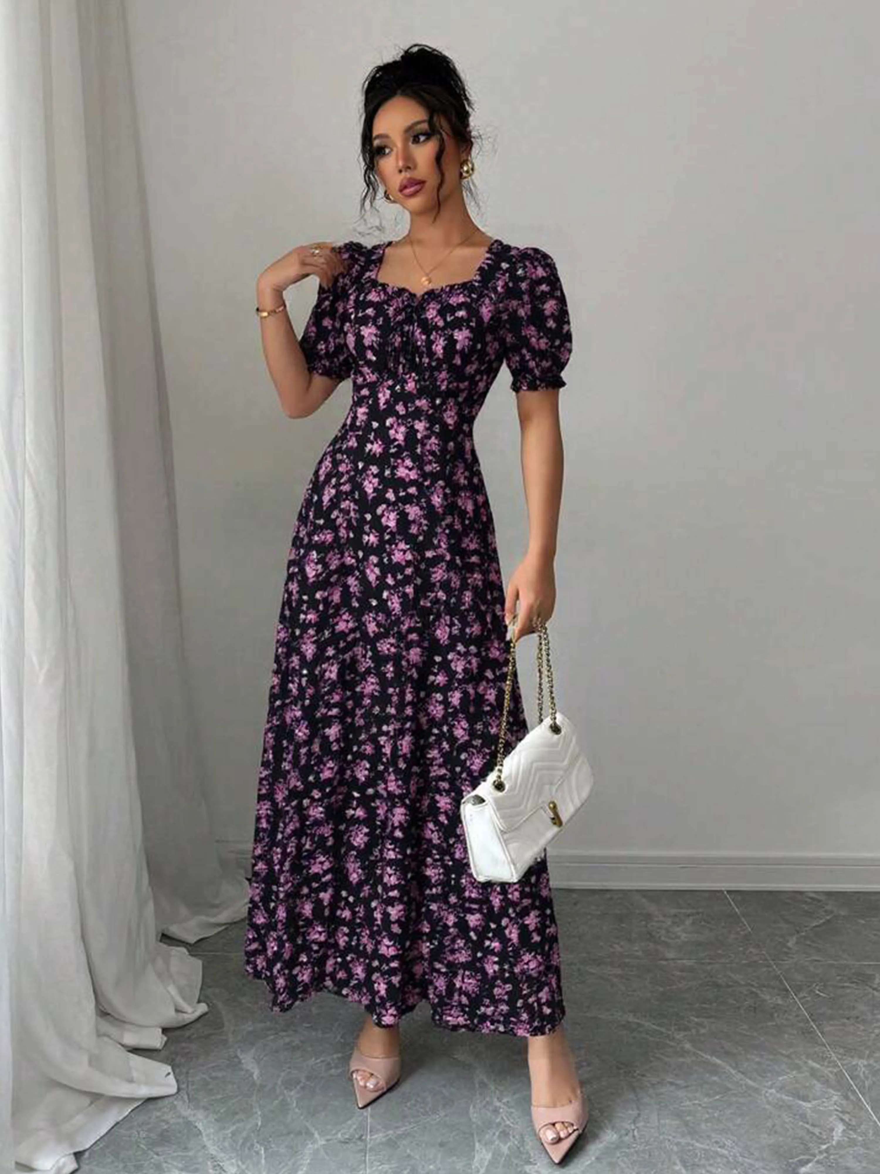 Damen Sommer Maxikleid Elegant Lässig Puffärmel Quadratischer Ausschnitt Weiß Blau Blumendruck Langes Kleid für Frühling Herbst