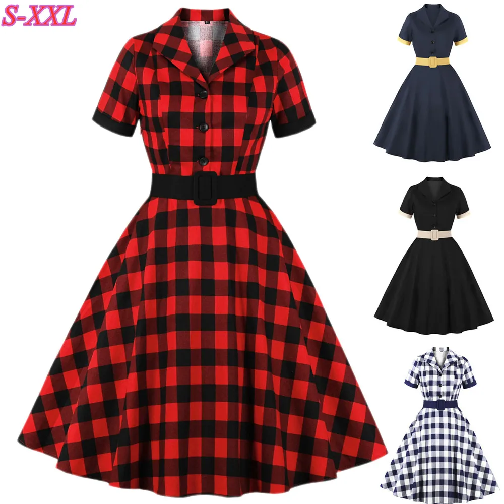 

Retro Vintage Hepburn 1950s 60s Rockabilly Dress Short Sleeve Cotton Plaid Swing A Line Dress Costume Women Casual Party Dresses