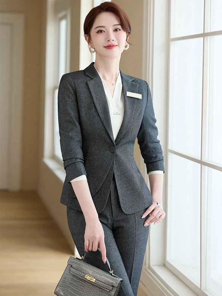 Completo da donna con pantalone da ufficio grigio nero da donna, set da 2 pezzi, giacca e pantaloni formali