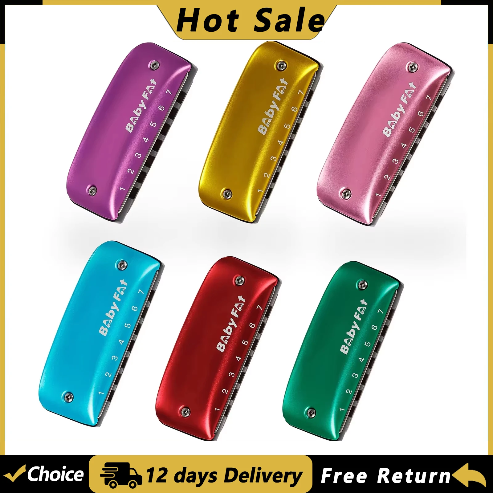 Baby Fat 7 Holes Blues Harmonica A/B/C/D/G/F Key Blues Harmonica Woodwind Instrument Red/Green/Purple/Blue/Pink/Yellow Available