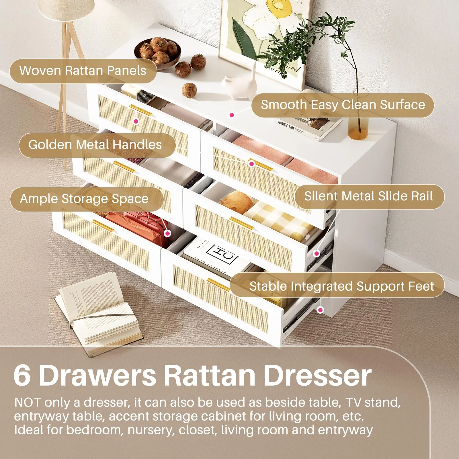 Redlife Rattan Dresser for Bedroom, 6 Drawer Dresser with Golden Handles, Wood Storage Chest of Drawers for Closet, Living Room, Hallway and Entryway - Easy Assembly