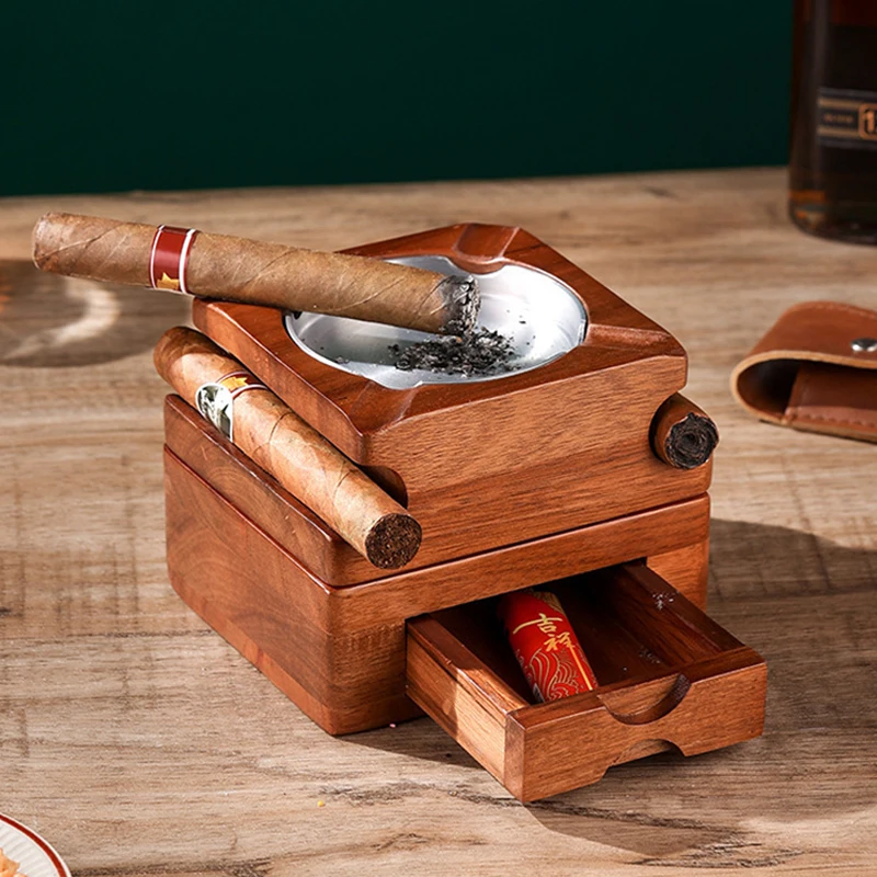 

Cigar Ashtray Whisky Cup Holder Detachable With Storage Drawer Two-In-One Multi-Functional Solid Wood Ashtray Cigar Accessory